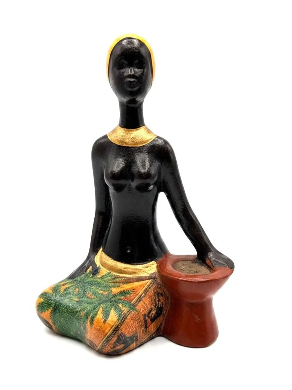 Vintage African Woman Figurine Candle Holder Palm Tree Folk Art Sculpture 8.75